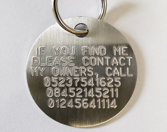 Personalised 36mm / 1.4" heavy duty stainless steel pet tag engraved on both sides