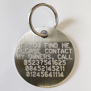 Personalised 36mm / 1.4" heavy duty stainless steel pet tag engraved on both sides