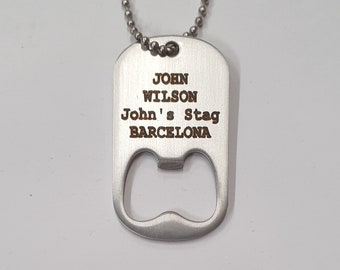Personalised stainless steel dog tag bottle opener with laser engraved text and 69cm stainless steel neck chain.