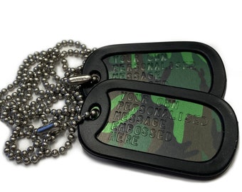 Camouflage Design Army Dog Tag ID Set, Personalised & Embossed with Chains and Black Silencers. Available in a Single or Double Set