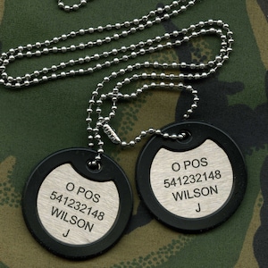 Double British Military Army Dog Tag ID Set, Personalised Round Stainless Steel Tags, Laser Etched Front with Steel Chains & Silencers