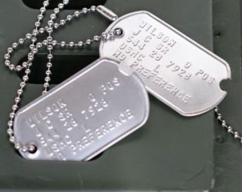 WW2 Notched Personalised Embossed Steel US Army Dog Tags in a Single or Double Set with Chains. Ideal for Stag Parties, Keep Sake, Identity