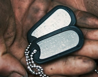 Steel US Army Dog Tag ID Set, Personalised & Embossed with Chains and Black Silencers - Available in a Single or Double Set