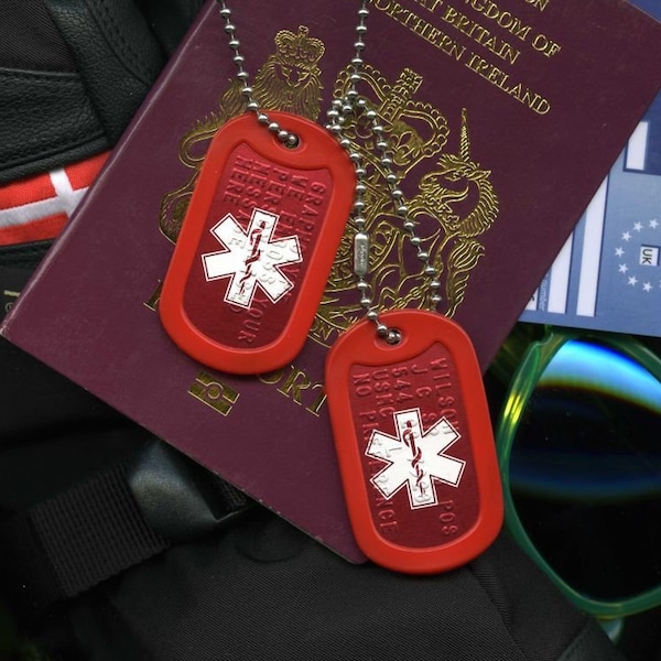 Red Medical ID Star of Life Army Dog Tags with Steel Chains & Red Silencers Available in Single or Double Set - iceQR Option also Available