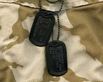 Personalised black special forces US military dog tags. PVD/DLC hard coated stainless steel.