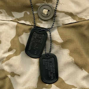 Personalised black special forces US military dog tags. PVD/DLC hard coated stainless steel.