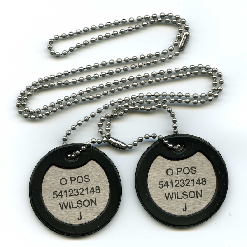 Double British Military Army Dog Tag ID Set, Personalised Round Stainless Steel Tags, Laser Etched Front with Steel Chains & Silencers image 2