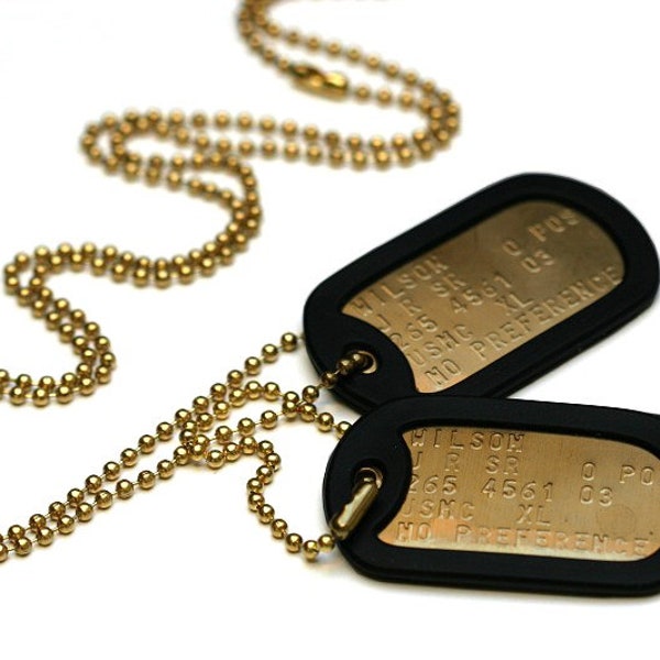 Solid Cartridge Brass US Army Dog ID Tag Set, Personalised & Embossed with Chains and Silencers. Available in a Single or Double Set