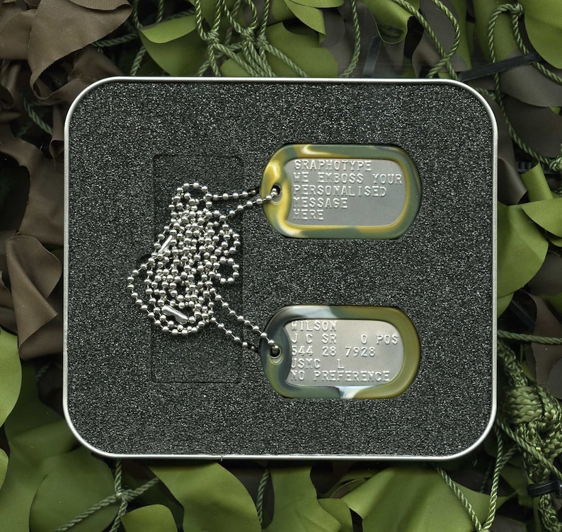 Double British Military Army Dog Tag ID Set, Personalised Round Stainless Steel Tags, Laser Etched Front with Steel Chains & Silencers image 4