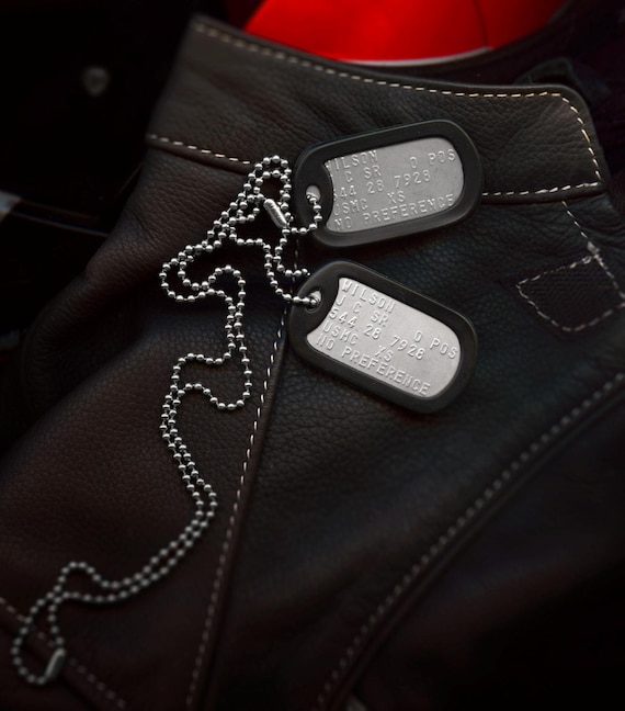 Stainless Steel US Army Dog Tag ID Set, Personalised & Embossed with Chains ,Optional Coloured Silencers and metal presentation case.