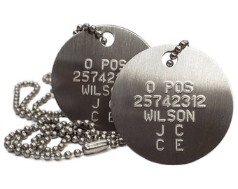 British Dot Peen Marked Forces Tags, Personalised Round Stainless Steel Tags, Laser Etched Front with Steel Chains & Silencers
