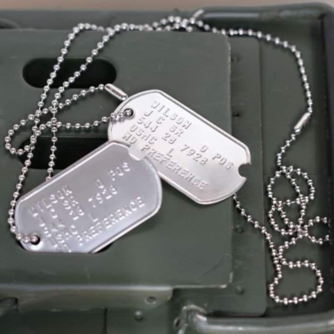 Stainless Steel US Army Dog Tag ID Set, Personalised & Embossed With Chains  and Optional Coloured Silencers 