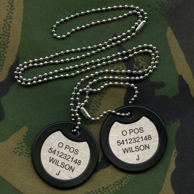 Double British Military Army Dog Tag ID Set, Personalised Round Stainless Steel Tags, Laser Etched Front with Steel Chains & Silencers image 1