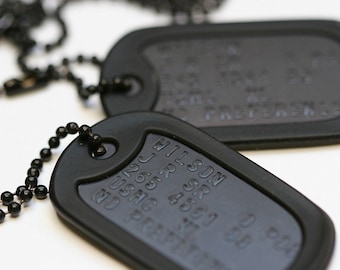 Personalised special forces black US Military dog tag set, Anodised aluminium tags and epoxy coated steel chains.