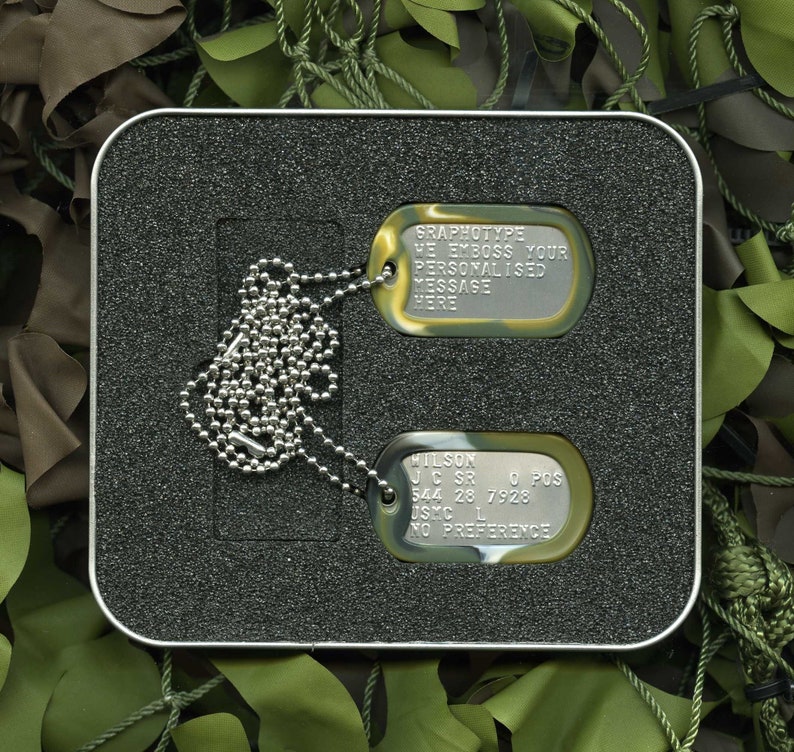 Stainless Steel US Army Dog Tag ID Set, Personalised & Embossed with Chains and Optional Coloured Silencers image 6