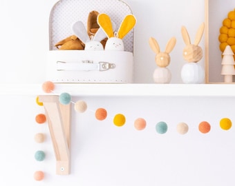 Earthy Rainbow Felt Ball Garland – Mint, Mustard & Rust Nursery and Playroom Bunting