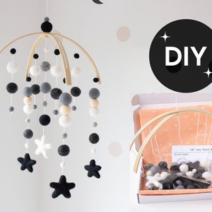 DIY Kit Baby Mobile - Black and White Baby Mobile - Star Crib Mobile - Felt Ball Baby Mobile - Nursery Mobile DIY Kit - DIY Baby Shower Gift