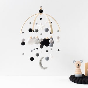 Monochrome Gender Neutral Cloud Baby Mobile - Baby Boy Baby Mobile - Black, Grey and White Nursery Felt Ball Mobile - Cloud Moon Star