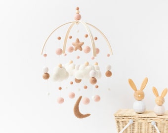 Blush and Beige Girl Cloud and Moon Baby Mobile - Blush Pink Baby Girl Nursery Mobile - Girl Nursery Felt Ball Mobile - Cloud Moon Star