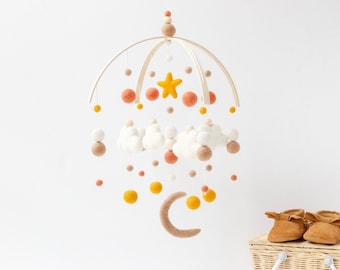 Mustard and Terracotta Cloud and Moon Baby Mobile - Gender Neutral Nursery Mobile - Gender Neutral Nursery Felt Ball Mobile - Boho Nursery