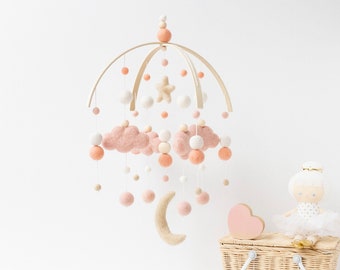 Peach and Blush Girl Cloud and Moon Baby Mobile - Blush Baby Girl Cot Mobile - Girl Nursery Felt Ball Mobile - Cloud Moon Star