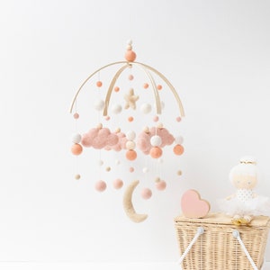 Peach and Blush Girl Cloud and Moon Baby Mobile - Blush Baby Girl Cot Mobile - Girl Nursery Felt Ball Mobile - Cloud Moon Star