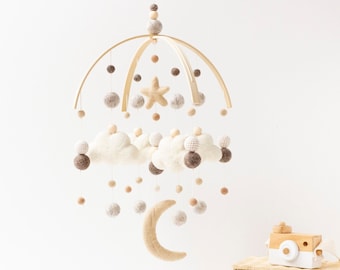 Neutral and Beige Gender Neutral Cloud and Moon Baby Mobile - Gender Neutral Baby Mobile - Neutral Nursery Felt Ball Mobile - Boho Nursery