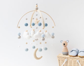 Baby Blue and Beige Boy Cloud and Moon Baby Mobile - Baby Boy Baby Mobile - Blue Nursery Felt Ball Mobile - Cloud Moon Star