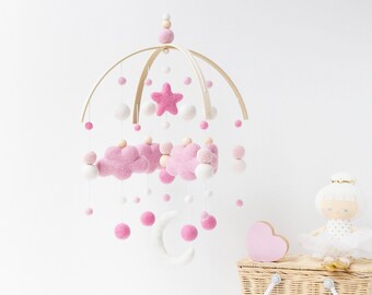 Pink Girl Cloud and Moon Baby Mobile - Baby Pink Baby Girl Cot Mobile - Girl Nursery Felt Ball Mobile - Cloud Moon Star