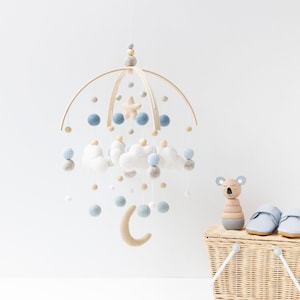 Baby Blue and Beige Boy Cloud and Moon Baby Mobile - Baby Boy Baby Mobile - Blue Nursery Felt Ball Mobile - Cloud Moon Star