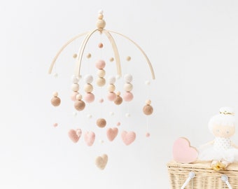 Peach Blush and Beige Heart Baby Mobile - Baby Girl Mobile - Baby Girl Nursery Mobile - Peach Blush Beige Baby Mobile - Felt Ball Mobile