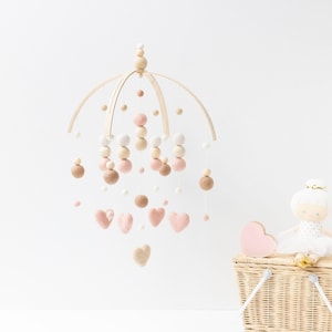 Peach Blush and Beige Heart Baby Mobile - Baby Girl Mobile - Baby Girl Nursery Mobile - Peach Blush Beige Baby Mobile - Felt Ball Mobile