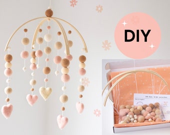 DIY Kit Baby Mobile - Beige and Blush Heart Baby Mobile for Girl - Heart Nursery Mobile - Felt Ball Baby Mobile - DIY Baby Shower Gift