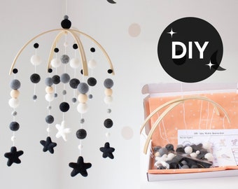 DIY Kit Baby Mobile - Black and White Baby Mobile - Star Crib Mobile - Felt Ball Baby Mobile - Nursery Mobile DIY Kit - DIY Baby Shower Gift