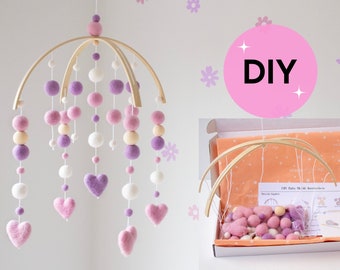 DIY Kit Baby Mobile - Purple and Pink Heart Baby Mobile for Girl - Heart Nursery Mobile - Felt Ball Baby Mobile - DIY Baby Shower Gift