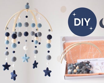 DIY Kit Baby Mobile - Navy Blue and Grey Baby Mobile for Boy - Star Crib Mobile - Felt Ball Nursery Mobile - DIY Baby Shower Gift for Boy