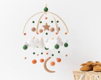 Forest Green Burnt Orange Cloud Baby Mobile - Gender Neutral Baby Mobile - Tropical Nursery Mobile - Felt Ball Mobile - Cloud Moon Star