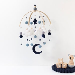 Navy Blue and Grey Boy Cloud and Moon Baby Mobile Baby Boy Baby Mobile Navy Blue Nursery Felt Ball Mobile Cloud Moon Star image 1