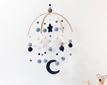 Navy Blue and Grey Boy Cloud and Moon Baby Mobile - Baby Boy Baby Mobile -Navy Blue Nursery Felt Ball Mobile - Cloud Moon Star