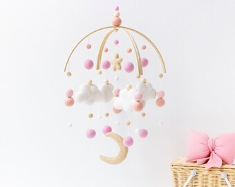 Pink and Blush Girl Cloud and Moon Baby Mobile - Baby Pink and Blush Baby Girl Cot Mobile - Girl Nursery Felt Ball Mobile - Cloud Moon Star