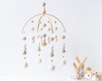 Cream and Grey Baby Mobile - Gender Neutral Baby Mobile - Gender Neutral Nursery Mobile - Felt Ball Nursery Mobile