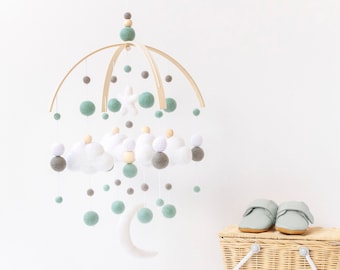 Mint and Grey Baby Mobile - Cloud Moon Star - Gender Neutral Baby Mobile - Gender Neutral Nursery Mobile - Felt Ball Mobile - Ceiling Mobile