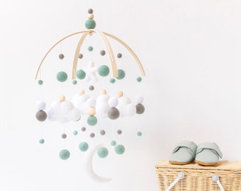 Mint and Grey Baby Mobile - Cloud Moon Star - Gender Neutral Baby Mobile - Gender Neutral Nursery Mobile - Felt Ball Mobile - Ceiling Mobile