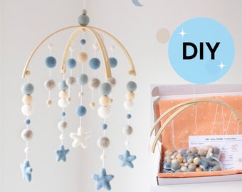 DIY Kit Baby Mobile - Blue Baby Mobile for Boy - Star Crib Mobile - Felt Ball Baby Mobile - Nursery Mobile DIY Kit - DIY Baby Shower Gift