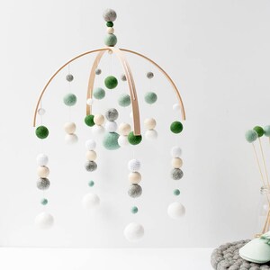 Mint Green and Grey Baby Mobile - Gender Neutral Felt Pom Pom Crib Mobile - Wool Ball Nursery Cot Mobile - Wooden Arch Ceiling Mobile Decor