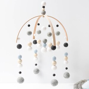 Blue and Grey Baby Mobile - Boys Felt Pom Pom Crib Mobile - Minimalist Wool Ball Nursery Cot Mobile - Wooden Arch Ceiling Mobile Decoration