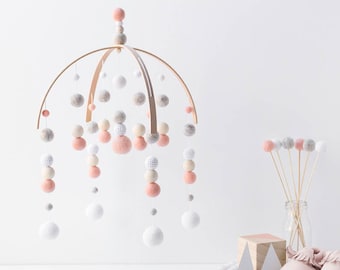 Peach and Grey Baby Girl Mobile - Baby Mobile Girl - Baby Girl Nursery Mobile - Peach Baby Mobile - Felt Ball Mobile - Girl Mobile Nursery