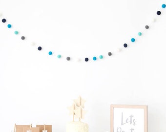 Blue Boys Garland. Felt Ball Garland. Boys Birthday Party Garland. Pom Pom Garland. Boys Nursery Decor. Boys Room Decor. Navy Blue Grey Aqua