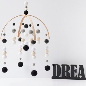 Black and White Baby Mobile - Gender Neutral Felt Pom Pom Crib Mobile - High Contrast Nursery Cot Mobile - Minimalist Ceiling Mobile Decor