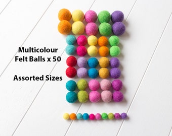 Assorted Sizes Wool Felt Ball x 50 Multicolour. Assorted Felt Balls Mixed Colour. Wool. Pom Pom. Gumball. Beads. Bulk Craft Bright color DIY